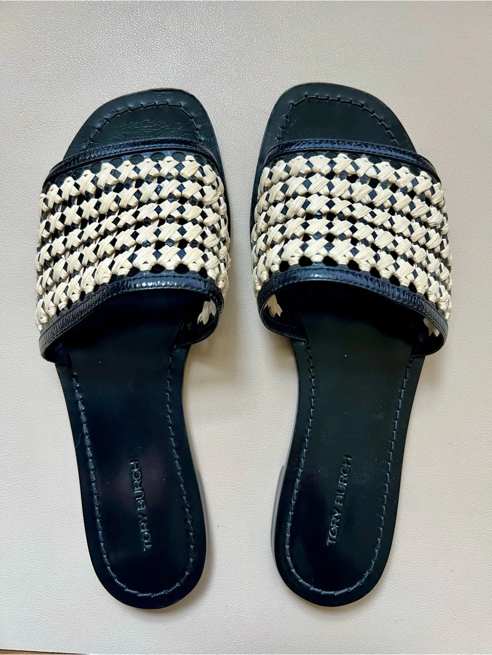 Tory Burch Black and Cream Woven Slide Mules